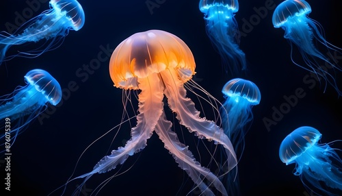 Jellyfish Japanese Sea Nettle, Blue neon glow light, dark background