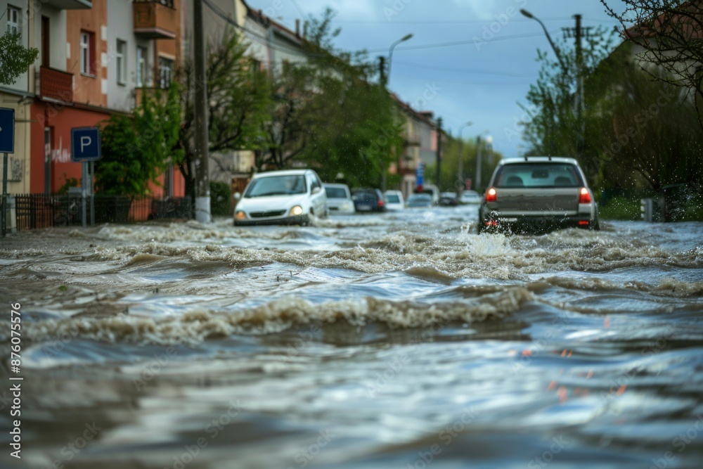 Cars making their way through a flooded street in a residential area, illustrating the challenging conditions caused by heavy rain and the impact on local residents