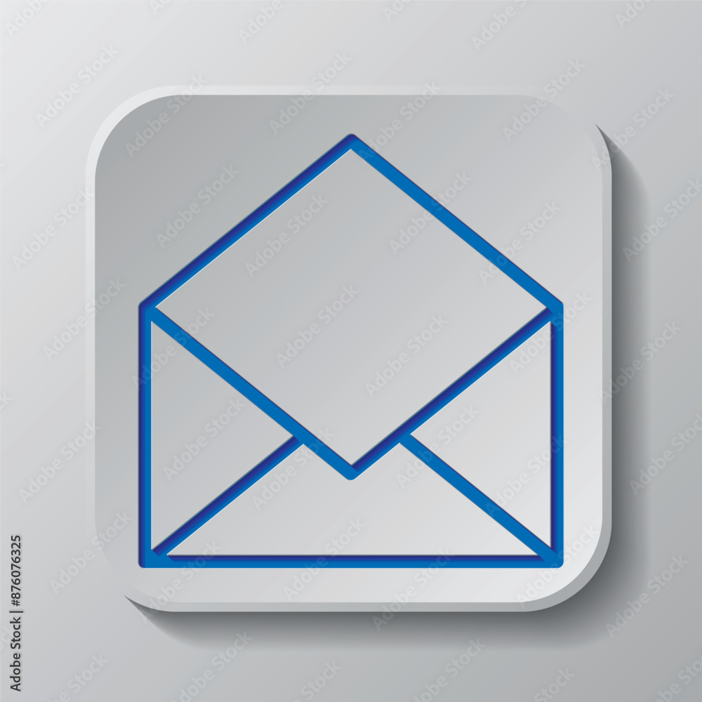 Open mail simple icon vector. Flat design. Paper cut design. Cutted blue symbol with shadow. Gray badge button, gray background Open mail simple icon vector. Flat design. Paper cut design. Cutted blue symbol with shadow. Gray badge button, gray background