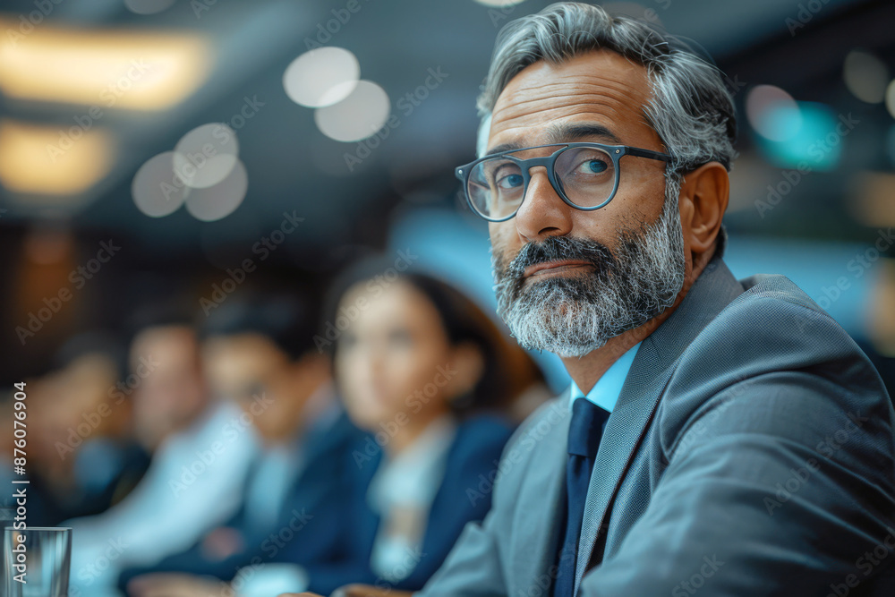 Indian investor in a formal suit, wearing glasses and a beard, sits in a conference room and listens intently to a presentation Indian investor in a formal suit, wearing glasses and a beard, sits in a conference room and listens intently to a presentation