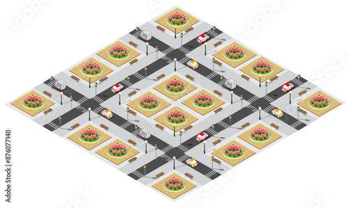 Isometric city with cars driving on the road and roundabouts with flowerbeds