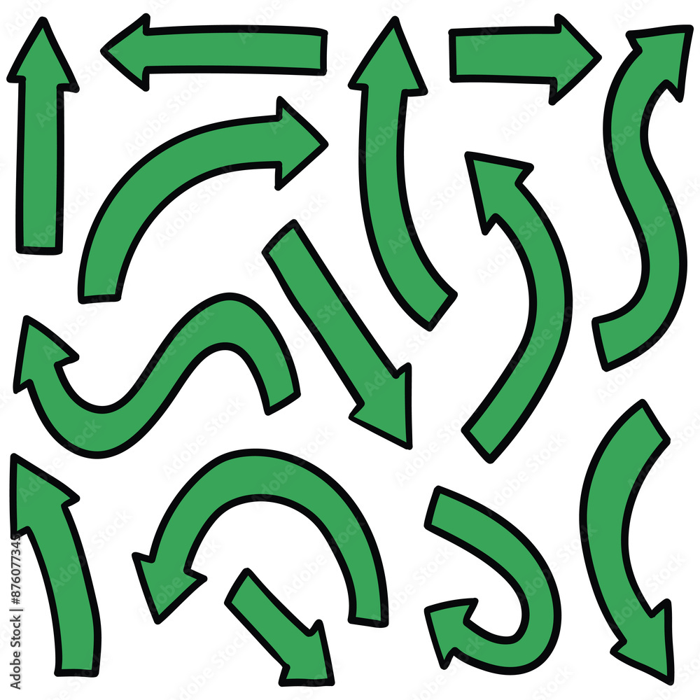 Hand drawn cartoon set of green arrows on a white background. Hand drawn cartoon set of green arrows on a white background.