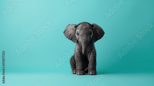 A happy Elephant Calf puppy sitting on a solid mint blue background with space above for text, illustration background