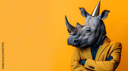 Creative animal concept. motivating Rhinoceros rhino in glam big boss outfits isolated on bright background advertisement, copy space. birthday party invite invitation banner