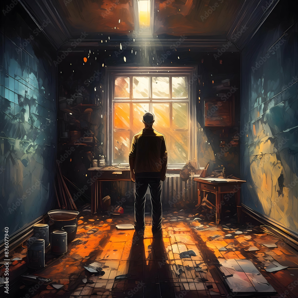 Draw the back at the light leaking through the window on digital art concept, Generative AI. Draw the back at the light leaking through the window on digital art concept, Generative AI.