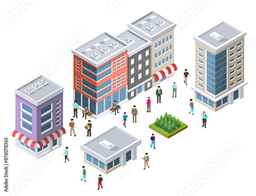 People walking and relaxing in a small isometric city center