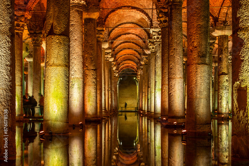 People silhouette and reflections among the columns of the Cistern Basilica