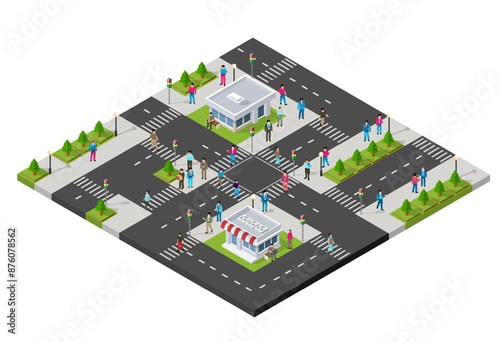 Busy isometric city crossroads with people walking and cars driving