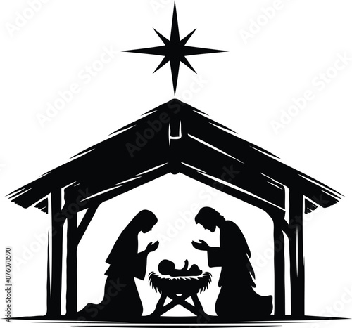 Christmas Nativity scene greeting card illustration. Black silhouettes isolated on white background. Vector EPS10.