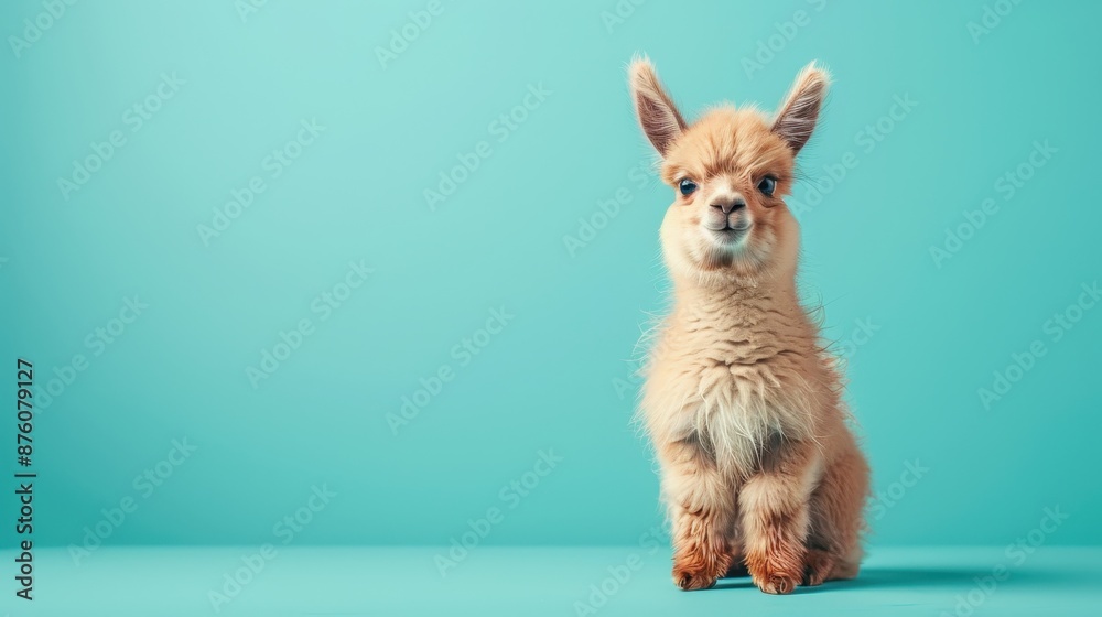Obraz premium A happy Llama puppy sitting on a solid mint blue background with space above for text, illustration background