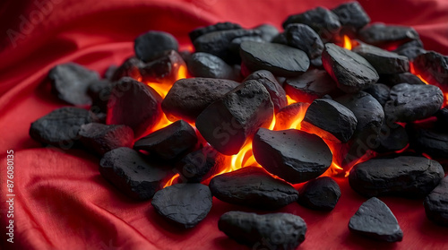 burning hot coals on red fabric