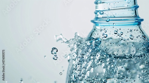 Close-up shot of a water bottle with hydrogen water, showing the clarity and bubbles, isolated on a white background, photographed with Nikon D850 in 32k UHD with focus stacking