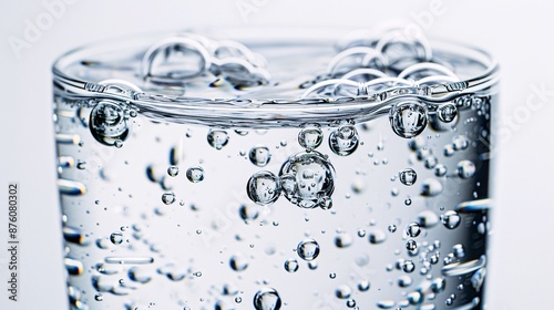 Detailed image of a glass of hydrogen water with a focus on bubbles, isolated on a white background, taken with Nikon D850, 32k UHD, and focus stacking