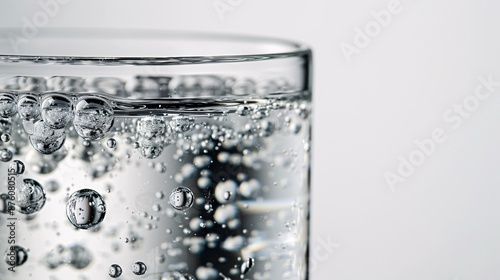Detailed image of a glass of hydrogen water with a focus on bubbles, isolated on a white background, taken with Nikon D850, 32k UHD, and focus stacking