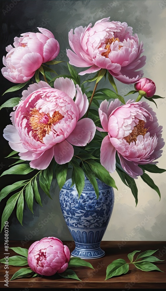 Painted white peonies in a porcelain vase. Beautiful decorative painting Painted white peonies in a porcelain vase. Beautiful decorative painting