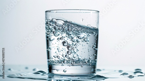 High-detail photograph of a transparent glass of hydrogen water with bubbles rising, isolated on a white background, captured with Nikon D850 in 32k UHD and focus stacking