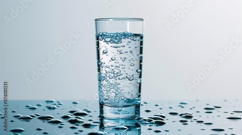 High-detail photograph of a transparent glass of hydrogen water with bubbles rising, isolated on a white background, captured with Nikon D850 in 32k UHD and focus stacking