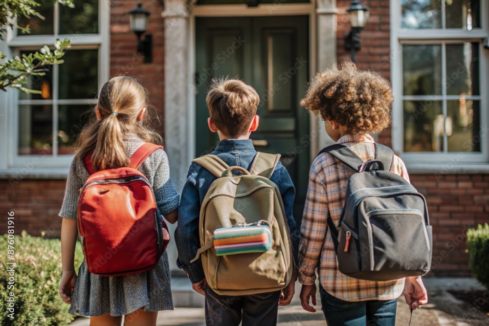 Fototapeta premium The holiday falls on September 1st. Children with yellow backpacks run to school. Rear view. Back to school. The concept of a new academic year at school. Autumn Knowledge Day.
