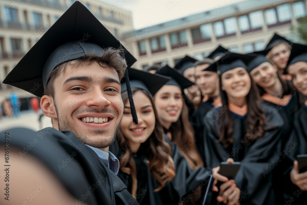 Graduation, close-up of a group of graduates taking a selfie, modern university campus, happy and excited atmosphere, academic gowns and graduation caps, university architecture in the background Graduation, close-up of a group of graduates taking a selfie, modern university campus, happy and excited atmosphere, academic gowns and graduation caps, university architecture in the background