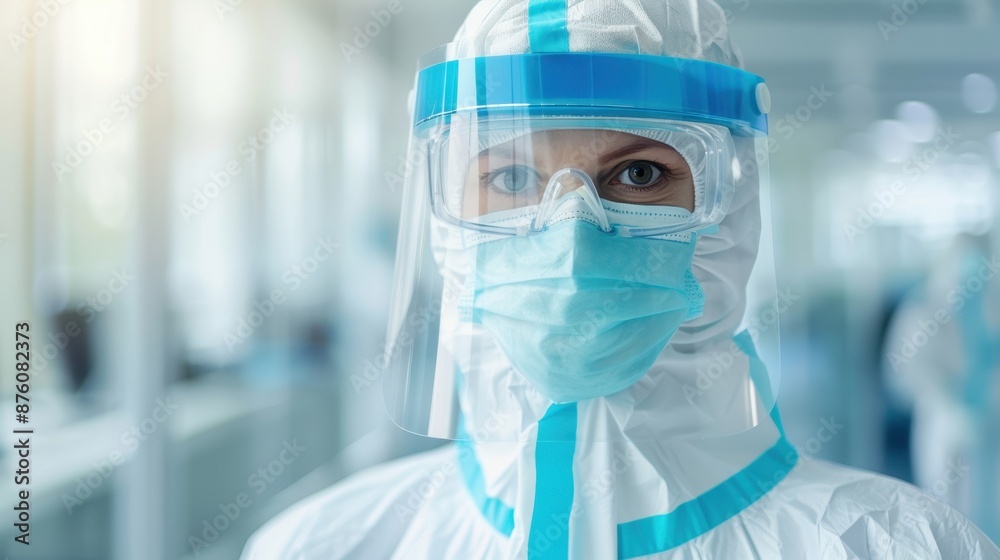 A woman in a white and blue protective suit with a blue face mask A woman in a white and blue protective suit with a blue face mask