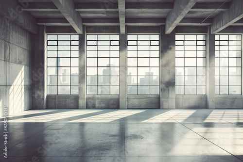 A spacious and empty industrial-style loft featuring large windows and concrete walls  offering an abstract potential best-selling background or wallpaper