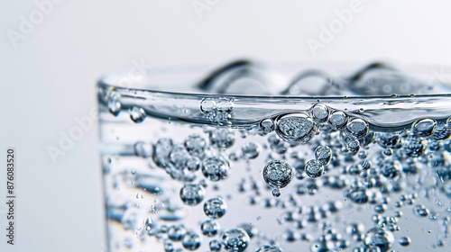Macro photo of hydrogen water bubbles in a glass, isolated on a white background, showcasing high detail with Nikon D850, 32k UHD, and focus stacking