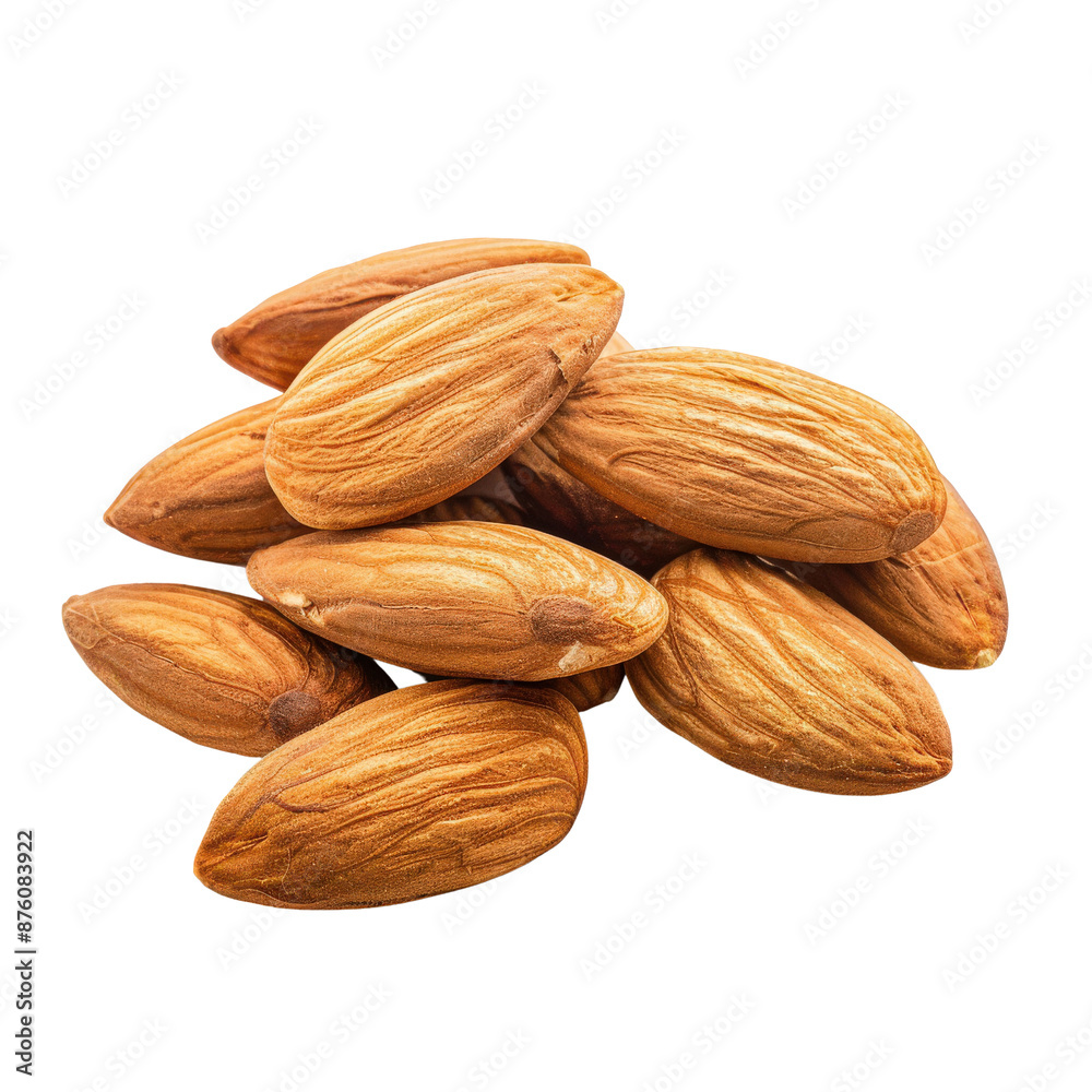 Close-up of a pile of whole almonds with brown shells, isolated on a white background. Perfect for health, nutrition, and food-related themes.