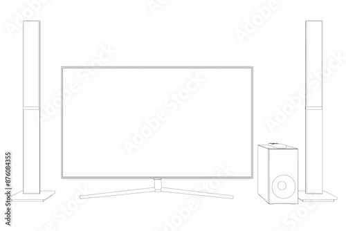 Contour TV home theater with sound speaker design. Speakers and television, tv set icon in black flat glyph, outline style isolated on white background