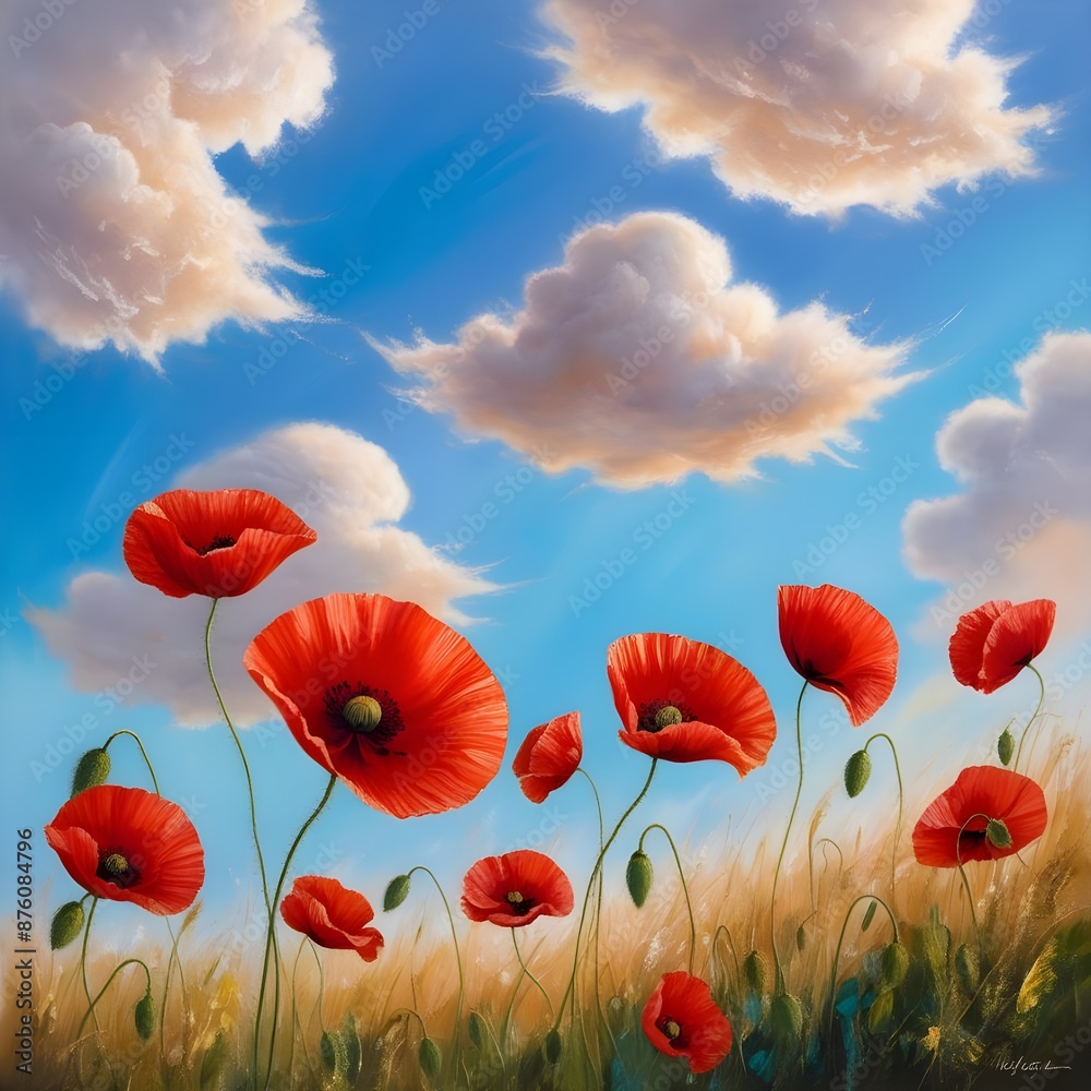 Obraz premium Field poppies against a cloudy sky Gerenative AI