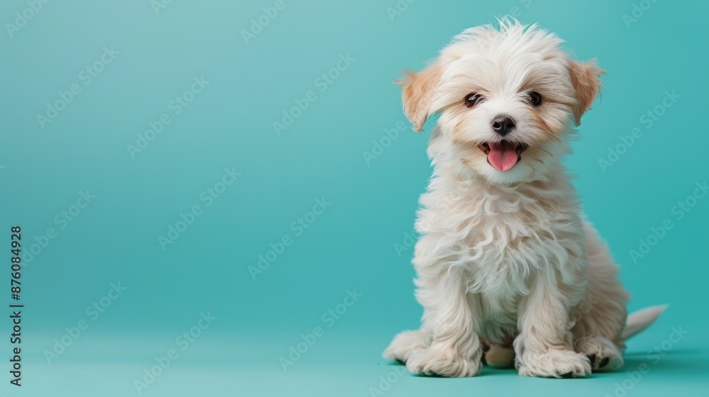 A happy Lamb puppy sitting on a solid mint blue background with space above for text, illustration background A happy Lamb puppy sitting on a solid mint blue background with space above for text, illustration background