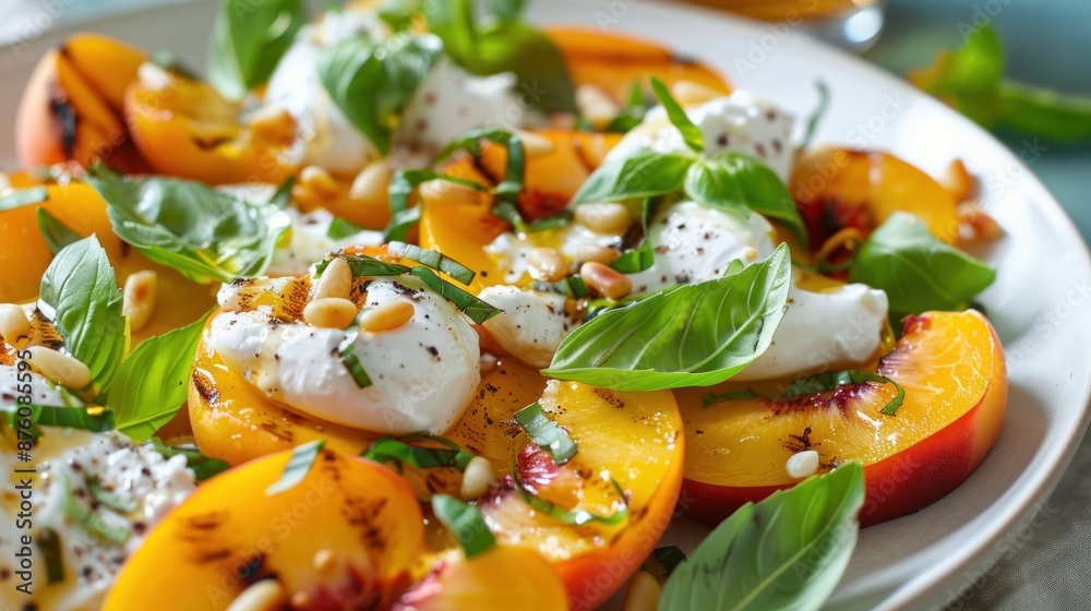 Burrata cheese and grilled peaches make a delicious antipasto. Top with basil and pine nuts. Serve with rose wine and enjoy! Burrata cheese and grilled peaches make a delicious antipasto. Top with basil and pine nuts. Serve with rose wine and enjoy!