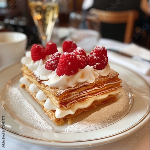 Una deliziosa torta millefoglie al ristorante, croccante e cremosa, perfetta per concludere il pasto in dolcezza. millefeuille cake.