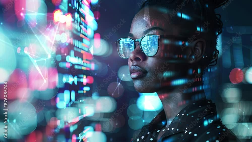 Black woman cyber security expert. With AI code illusminated overlay around her. Working in a data center. Female Computer Engineer. Generate AI. Black woman cyber security expert. With AI code illusminated overlay around her. Working in a data center. Female Computer Engineer. Generate AI.