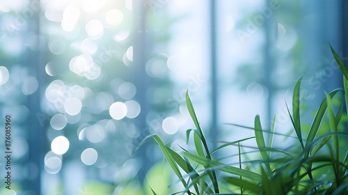 Blur white background of blurred office building abstract background with light bokeh, view of grass window wall office building. 