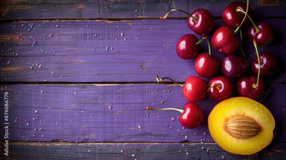 Cherries, plum halves on purple plank with sprinkles Cherries, plum halves on purple plank with sprinkles