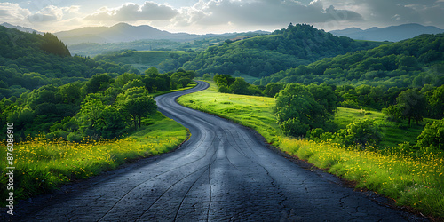 Winding Road Adventure Through Green Landscapes photo