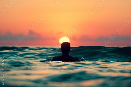 Man Swimming in Ocean at Sunset with Sun on Horizon and Vibrant Sky in Background