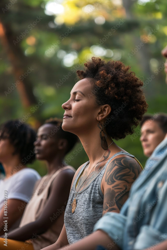 Diverse Group Practicing Outdoor Meditation in a Forest Setting at Sunset Diverse Group Practicing Outdoor Meditation in a Forest Setting at Sunset