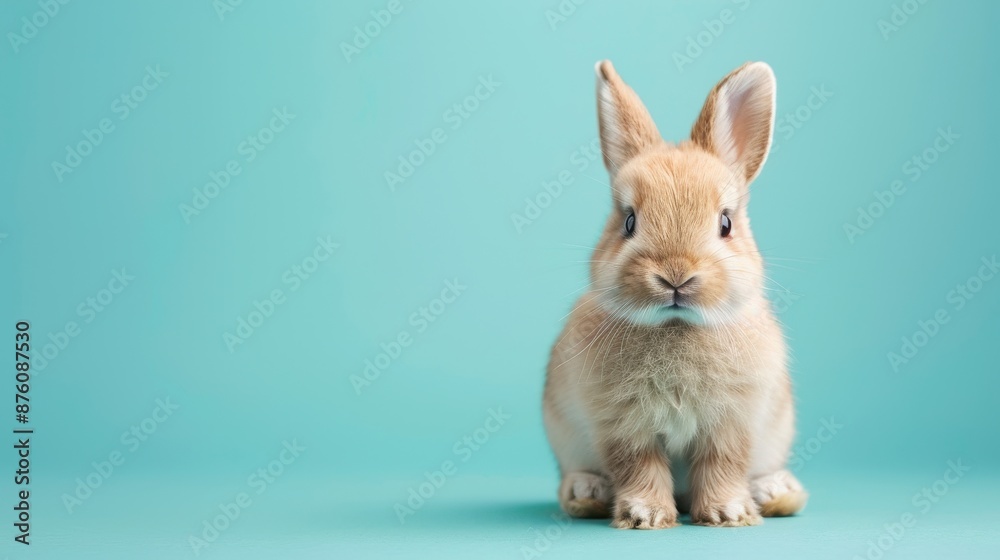 Fototapeta premium A happy Pika puppy sitting on a solid mint blue background with space above for text, illustration background
