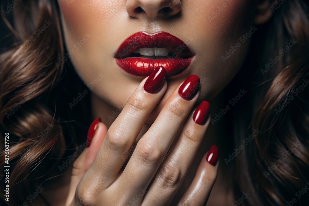 Fototapeta premium A sexy woman touching her painted red lips with a manicure on her red nails. Cosmetic products, fashionable lipstick, lip gloss and nail polish. A sensual woman.