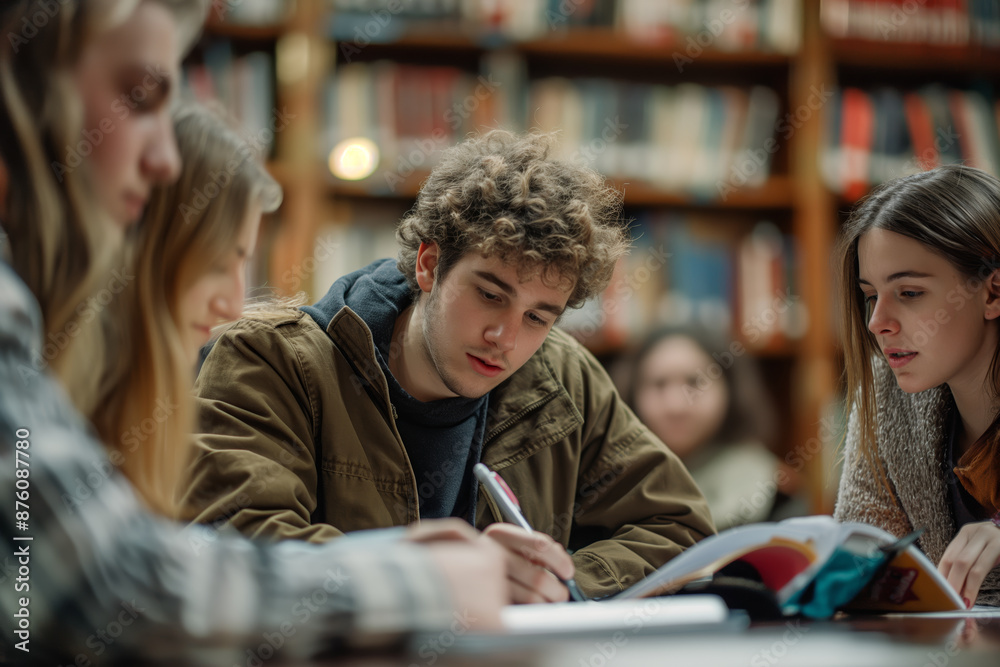 Group of Students Studying Together in a Library for School Project Group of Students Studying Together in a Library for School Project