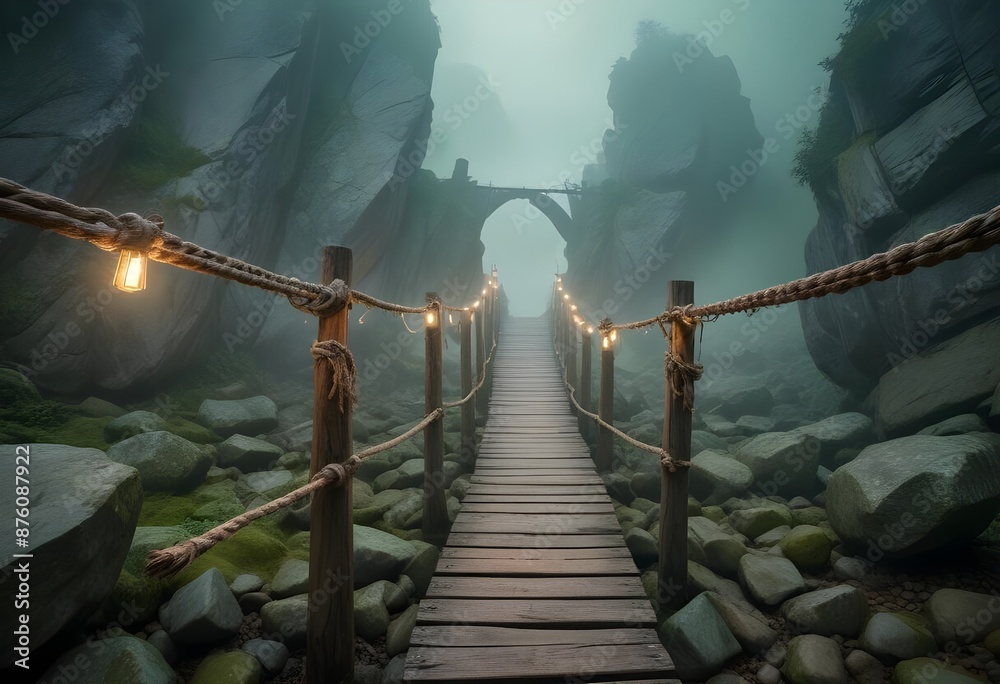 Obraz premium Isolated wood and ropes bridges in the mist between rocks in the mountais, magic aura and lamps around, manga illustration, digital art, wallpaper, fantasy, ambient, breathtaking, calm, art, artwork