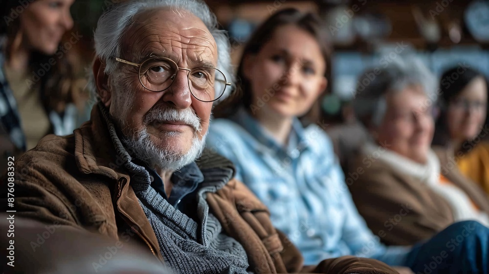 Elderly Man with Glasses in Cozy Setting Surrounded by Family Members, Warm and Inviting Atmosphere Elderly Man with Glasses in Cozy Setting Surrounded by Family Members, Warm and Inviting Atmosphere