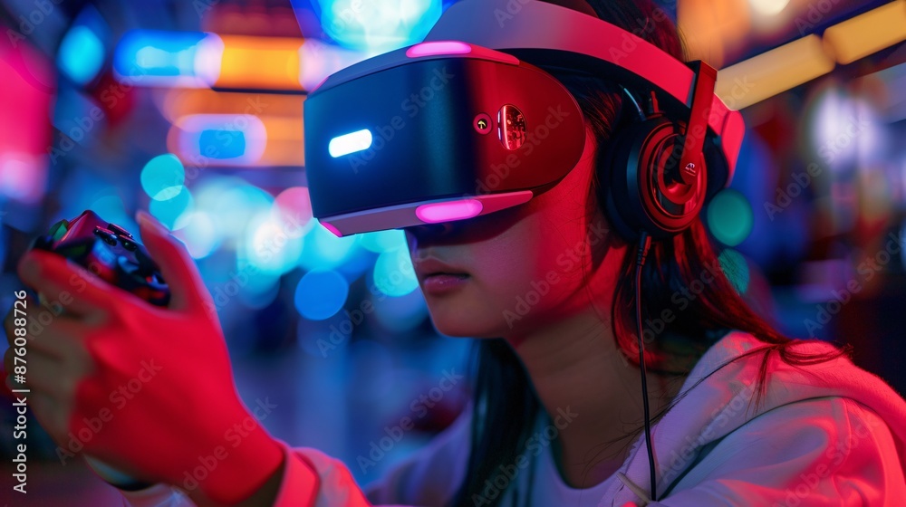 Young Woman Immersed in Virtual Reality Gaming with VR Headset and Controller in Futuristic Neon Environment