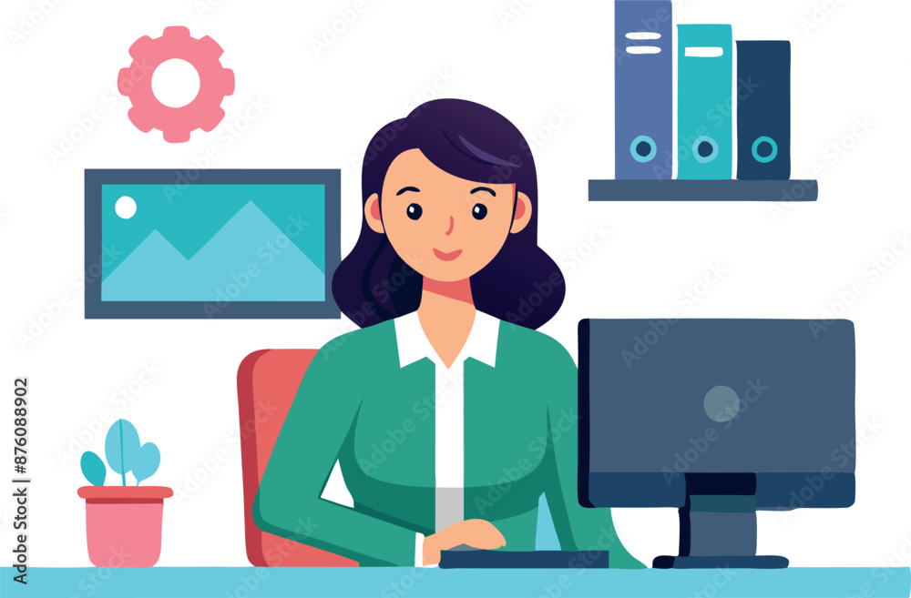 Illustration of a businesswoman working at a desk. Illustration of a businesswoman working at a desk.