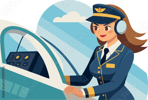 Illustration of a female pilot in an airplane cockpit.