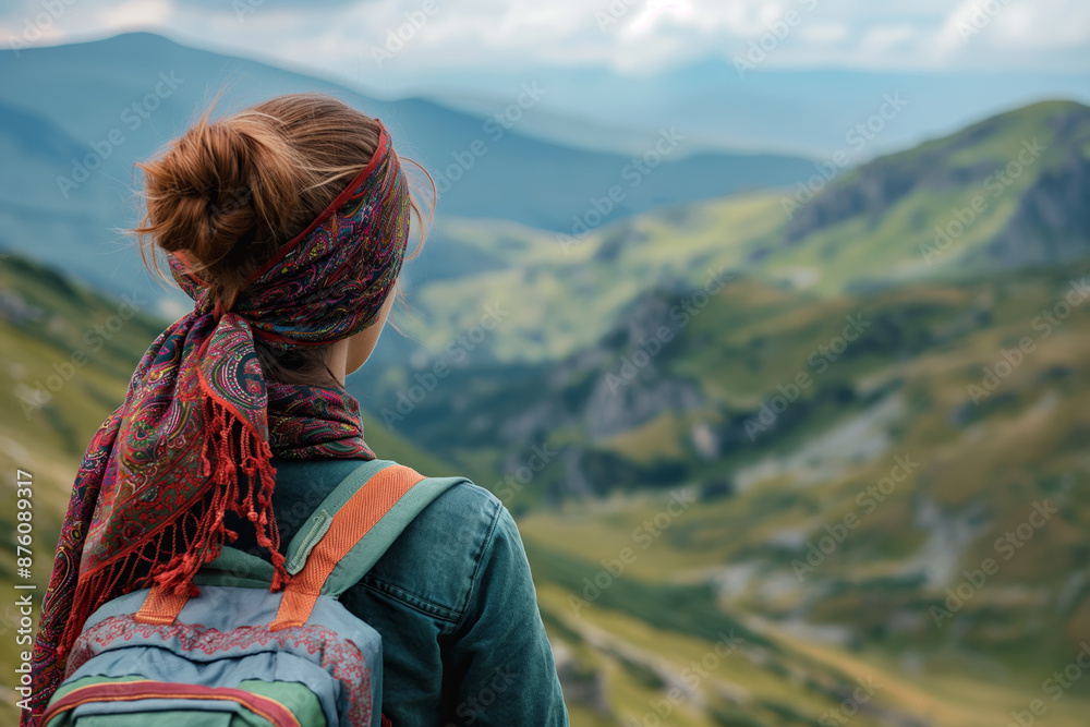 Woman with Backpack Admiring Mountain Scenery on a Hike in Serene Nature Woman with Backpack Admiring Mountain Scenery on a Hike in Serene Nature