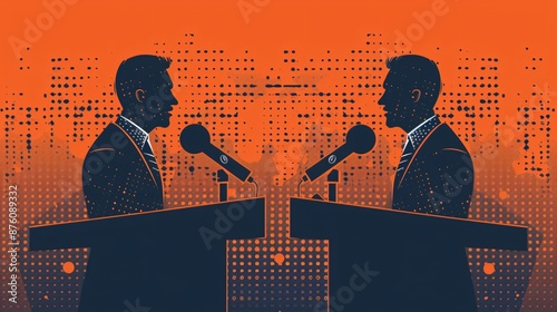 Silhouettes of Two Politicians Debating at Podiums with Microphones in Abstract Orange Background