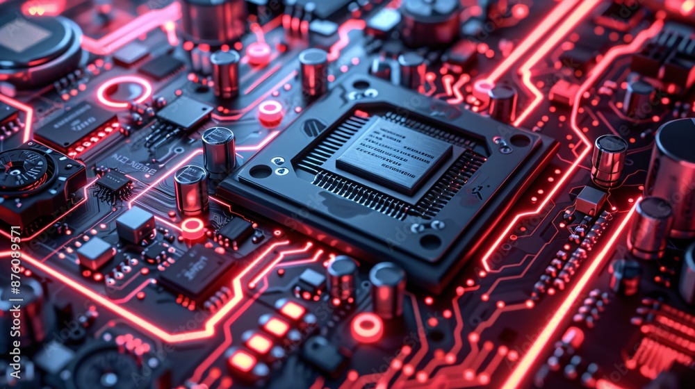 Close-up of a Modern Microchip on a Red Circuit Board with Glowing Lines and Components Close-up of a Modern Microchip on a Red Circuit Board with Glowing Lines and Components