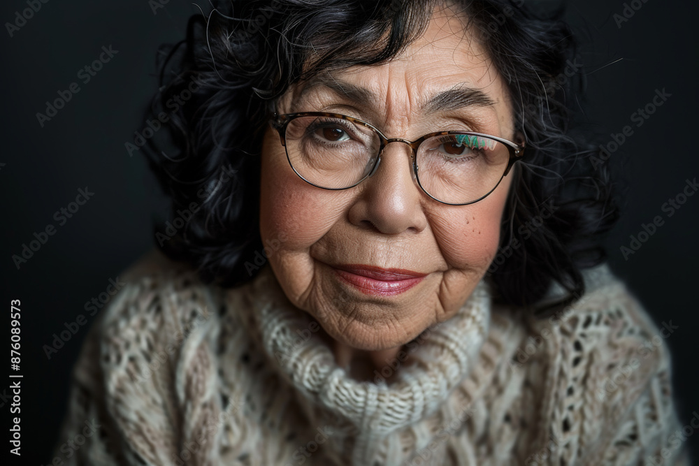Close-up portrait of a middle aged woman of Latin descent, studio photo, against a sleek gray studio backdrop Close-up portrait of a middle aged woman of Latin descent, studio photo, against a sleek gray studio backdrop